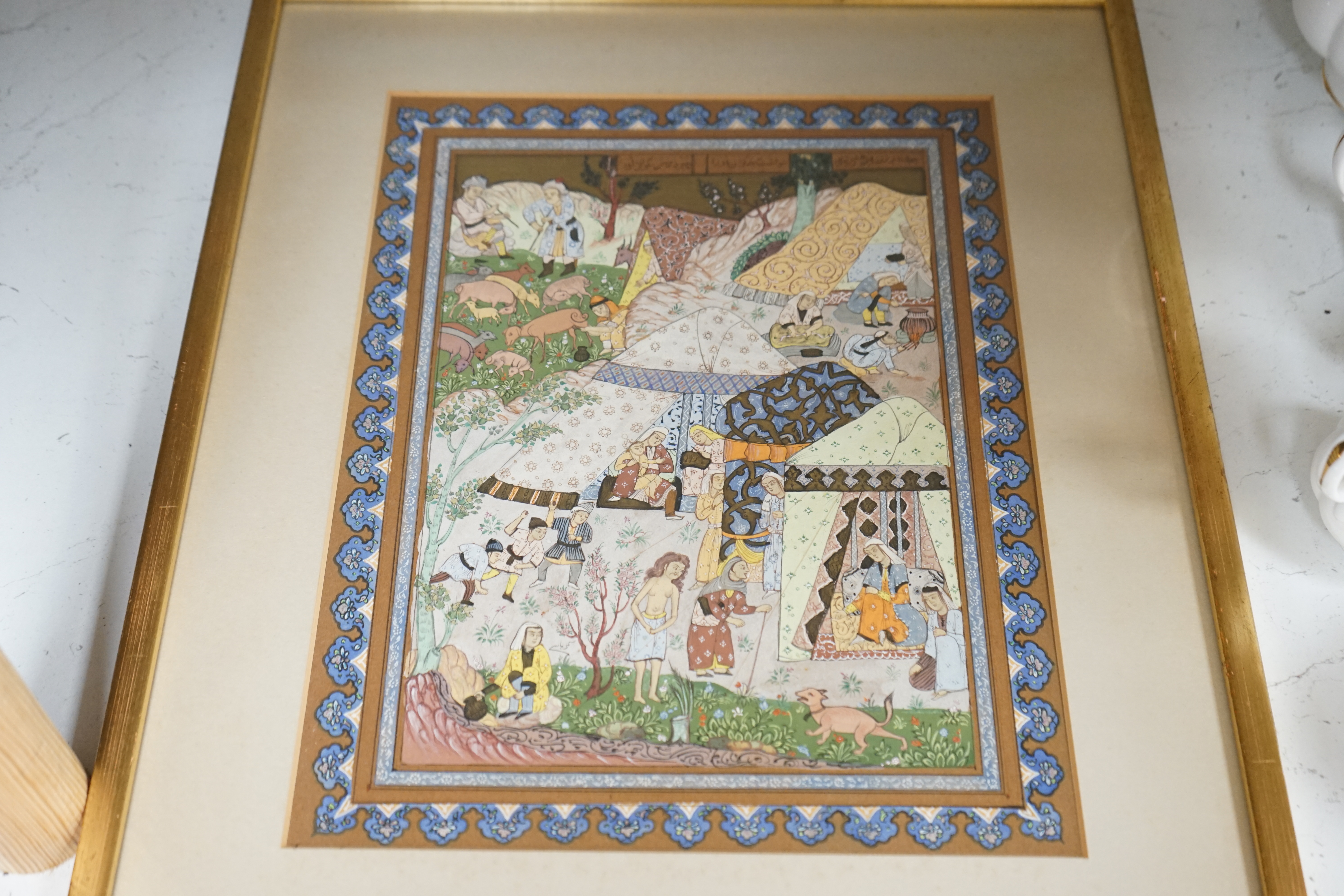 20th century, Persian School, watercolour on faux ivory panel, Figures on horseback together with similar watercolour on card, largest 33 x 25cm. Condition - fair to good